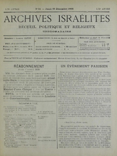 Archives israélites de France. Vol.59 N°51 (22 déc. 1898)